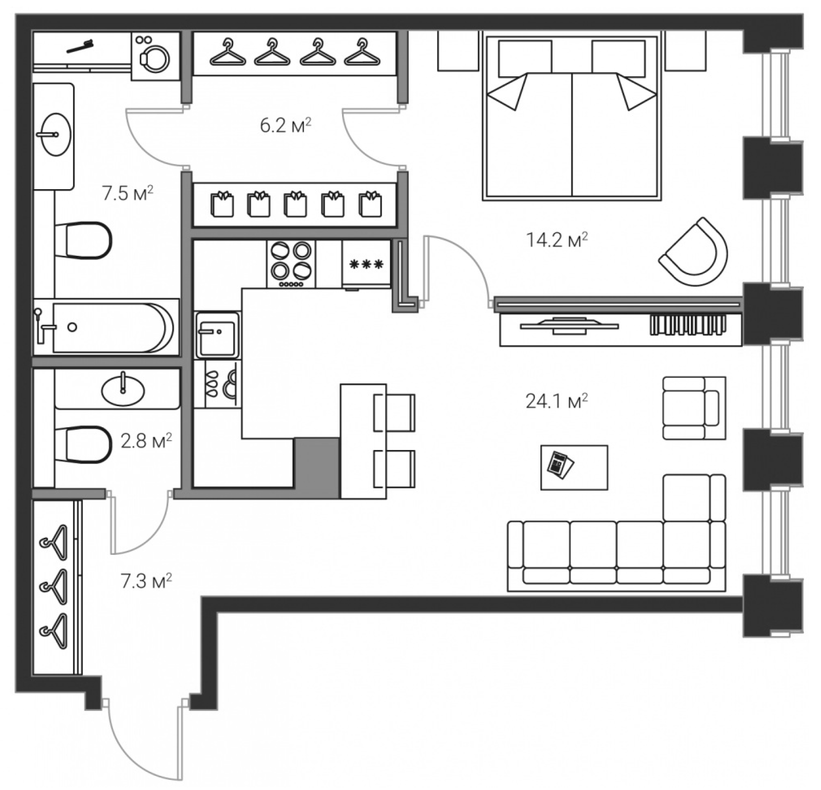 1-комнатная квартира 62.1 м², 16/20 эт., ЖК «LEGENDA Институтский 16»